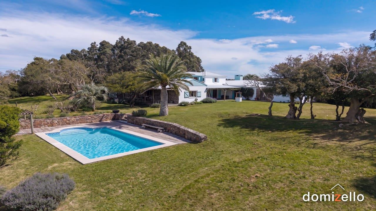 Piscina rectangular con deck de madera y jardín con palmeras, casa blanca de estancia en Rocha Rural, Rocha