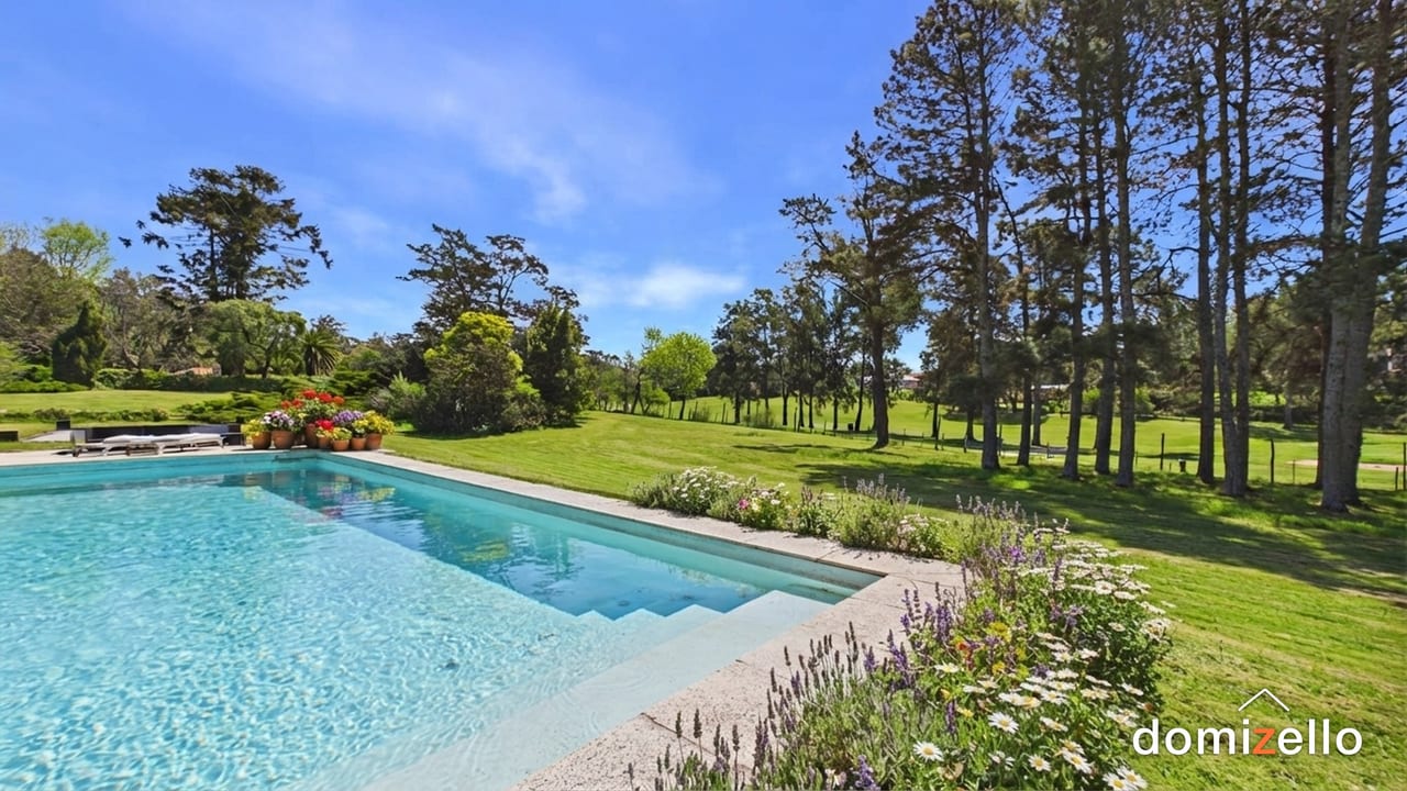 Piscina con escalones y jardín de pinos, casa en Punta del Este, Maldonado