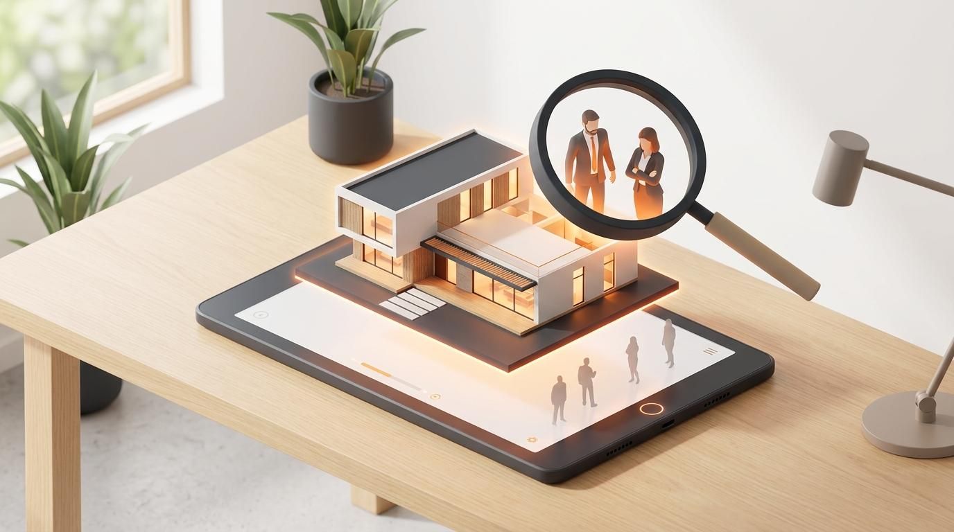 A 3D virtual tour of a modern house on a tablet with a magnifying glass highlighting serious buyers for fast real estate sales.