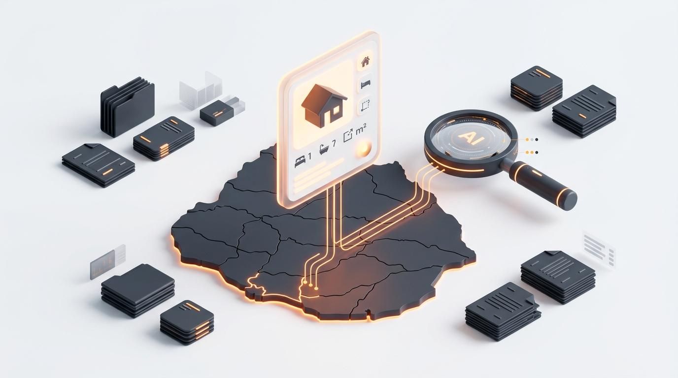 AI search rewriting Uruguay's real estate market with a glowing property listing card, map, and data lines.