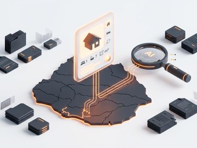 AI search rewriting Uruguay's real estate market with a glowing property listing card, map, and data lines.
