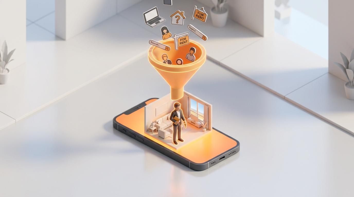A smartphone showing a 3D apartment tour with an orange funnel filtering browsers into a serious tenant.