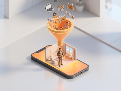 A smartphone showing a 3D apartment tour with an orange funnel filtering browsers into a serious tenant.