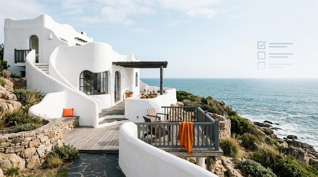 Casapueblo style coastal home in Uruguay with curved white walls and a subtle checklist graphic symbolizing listings and amenities.