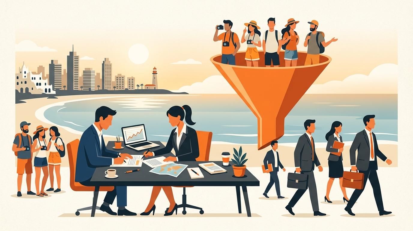 Un embudo naranja filtrando turistas de compradores extranjeros serios que se reúnen con profesionales para llegar a compradores extranjeros de forma segura.