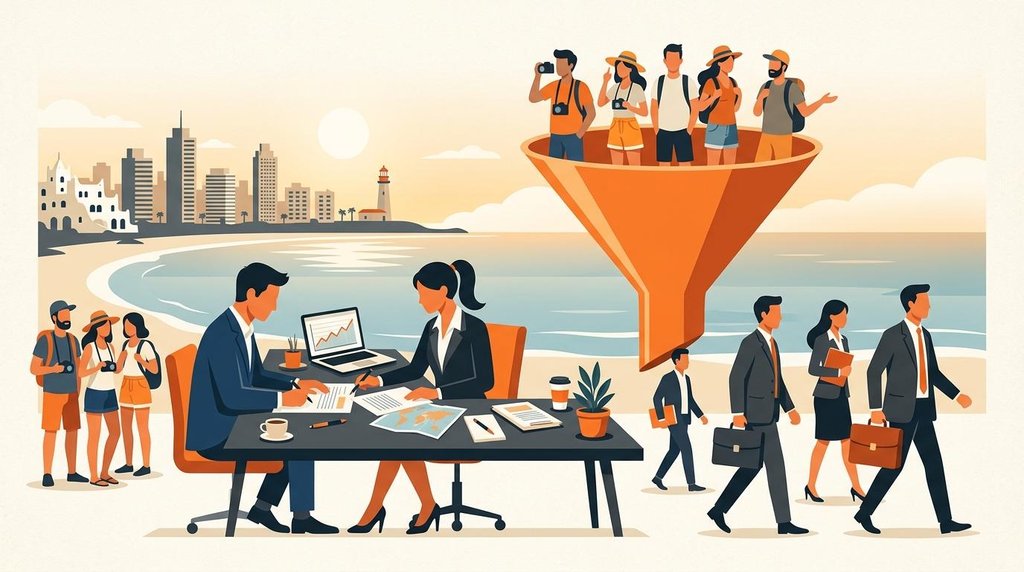 Un embudo naranja filtrando turistas de compradores extranjeros serios que se reúnen con profesionales para llegar a compradores extranjeros de forma segura.
