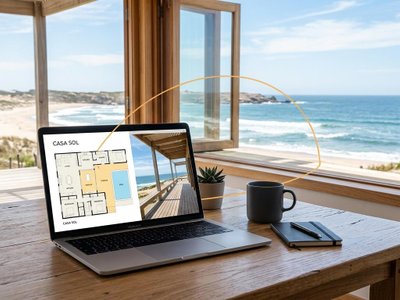 Notebook en mesa de madera mostrando un plano mientras compradores remotos cierran tratos en Uruguay antes de aterrizar.