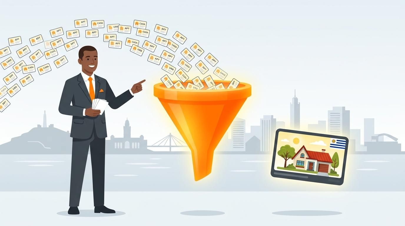 A broker illustrating curation over volume by sorting property cards through a funnel in Uruguay's real estate market.