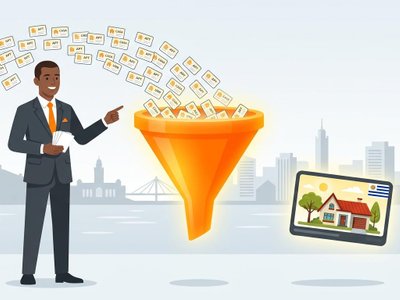 A broker illustrating curation over volume by sorting property cards through a funnel in Uruguay's real estate market.