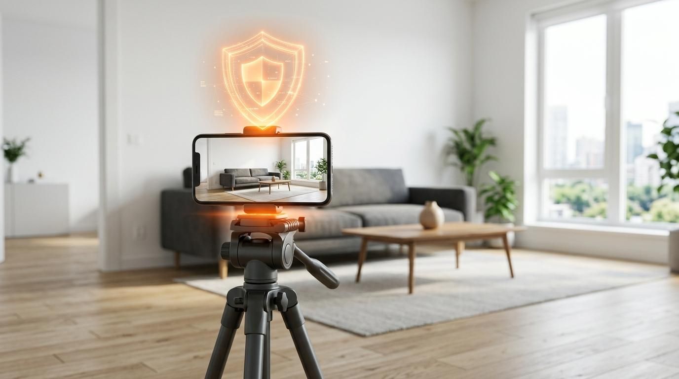 A smartphone on a tripod capturing a 3D tour in a bright apartment interior with an orange protection shield hologram.