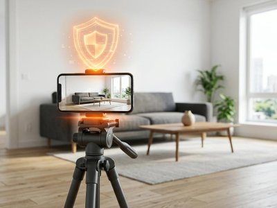 A smartphone on a tripod capturing a 3D tour in a bright apartment interior with an orange protection shield hologram.