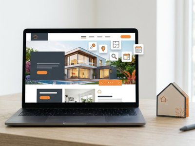 Laptop showing property mini-sites and digital inventory with floating icons beside a house calling card.