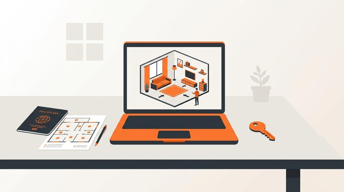 Laptop showing a digital apartment tour, passport, and floor plan, highlighting the first digital visit.