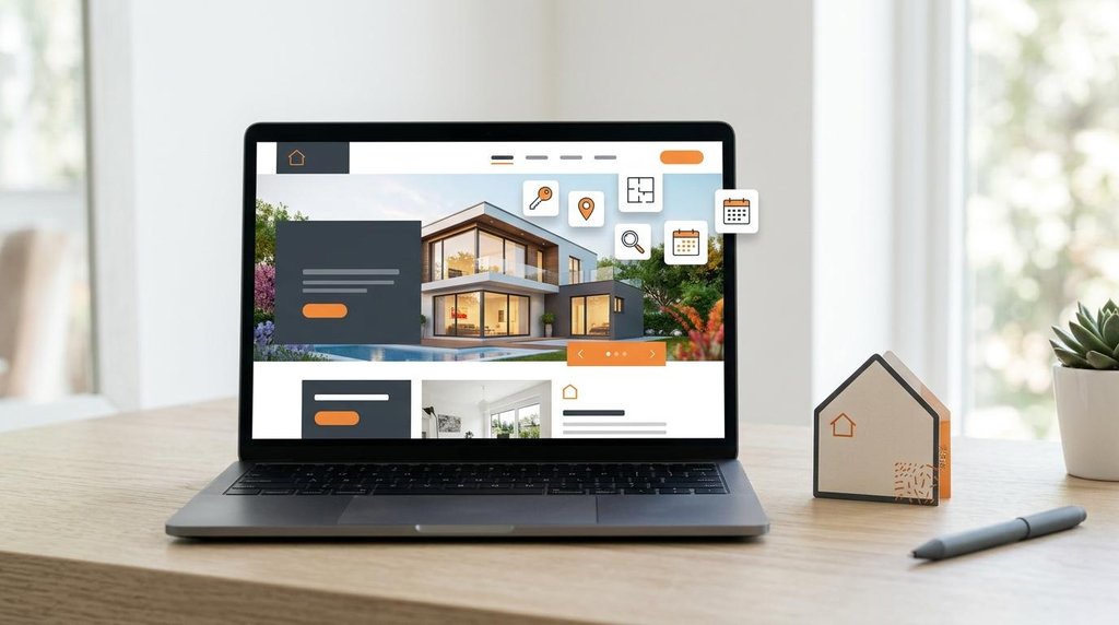 Laptop mostrando minisitios de propiedades e inventario digital con íconos flotantes junto a una tarjeta de presentación de una casa.