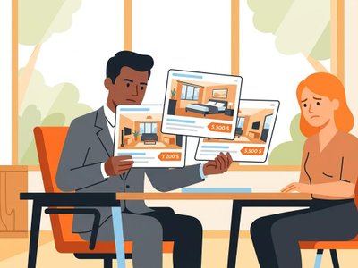 Un agente inmobiliario inmobiliario verifica publicaciones desparejos en Uruguay mientras un comprador desconcertado mira.