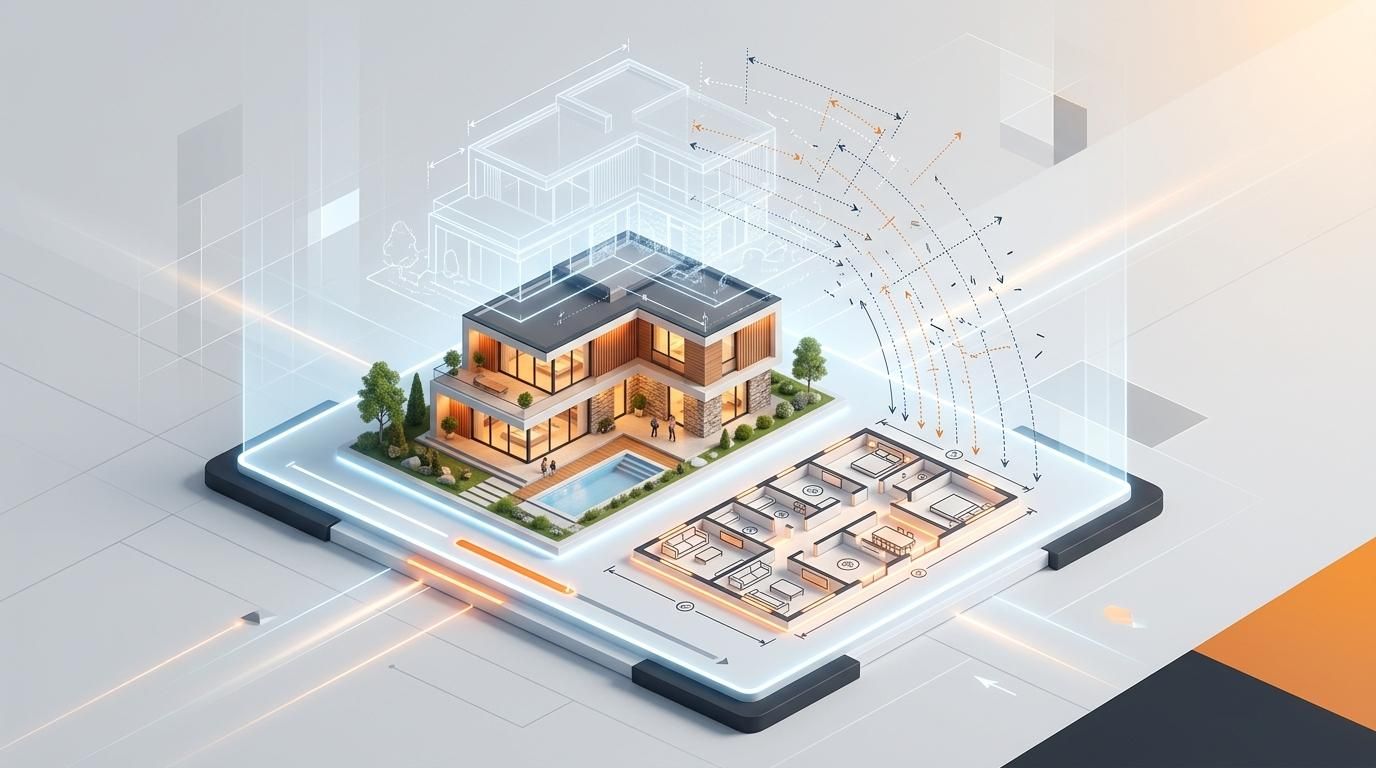 Render isométrico de una mansión moderna mostrando medidas contradictorias y contornos duplicados que socavan la confianza del comprador.