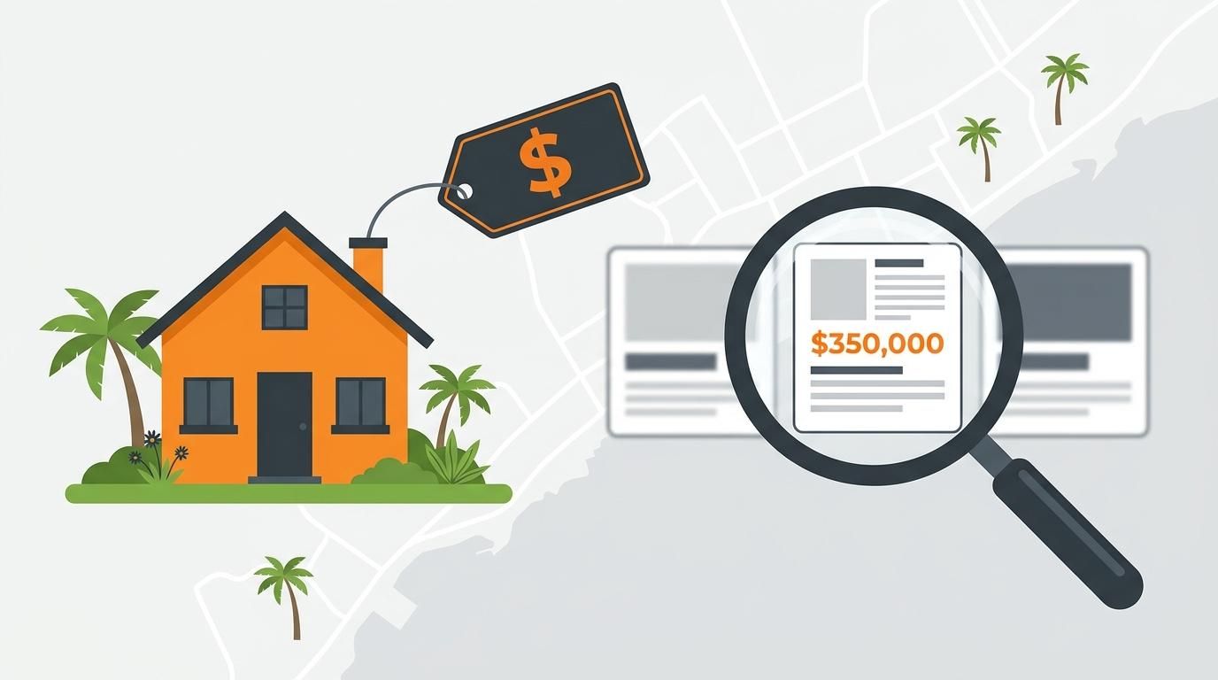Illustration for pricing a home in Uruguay with a house, price tag, and magnifying glass over listing cards.