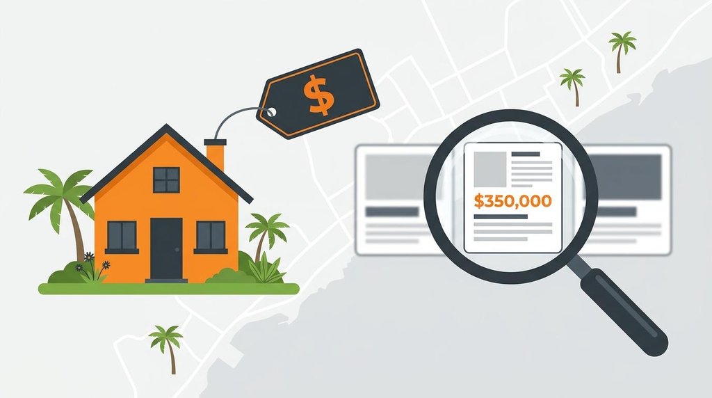Illustration for pricing a home in Uruguay with a house, price tag, and magnifying glass over listing cards.