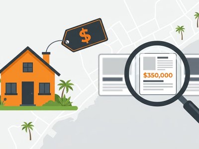 Illustration for pricing a home in Uruguay with a house, price tag, and magnifying glass over listing cards.
