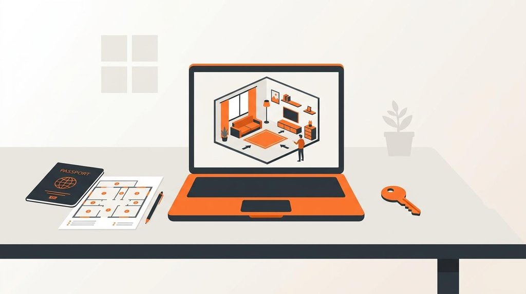 Notebook con recorrido virtual de un apartamento, pasaporte y plano, destacando la primera visita digital.