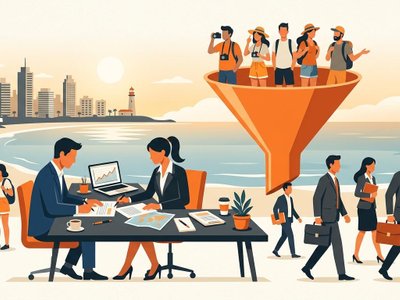 An orange funnel filtering tourists from serious foreign buyers meeting professionals to reach foreign buyers safely.