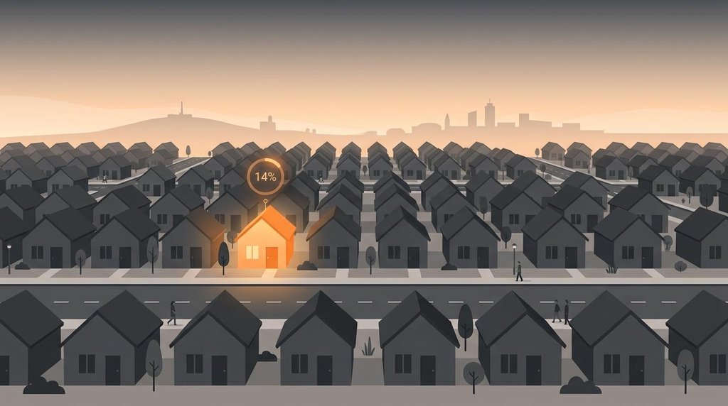 One glowing orange house among gray homes highlighting the real odds of selling in Uruguay.
