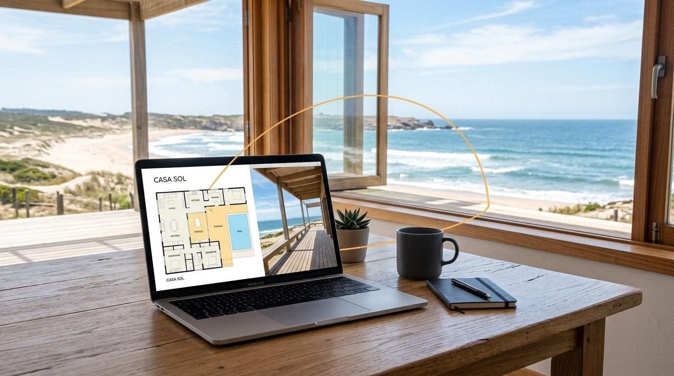 Laptop on a wooden table displaying a floor plan as remote buyers close Uruguay deals before landing.