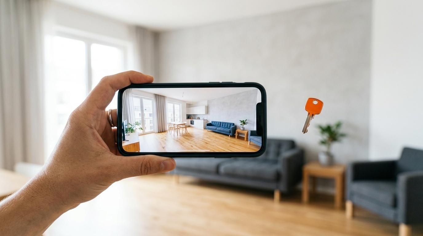 Smartphone displaying a virtual walkthrough of an occupied property for high season rentals with a floating orange key.