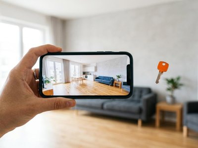 Smartphone displaying a virtual walkthrough of an occupied property for high season rentals with a floating orange key.