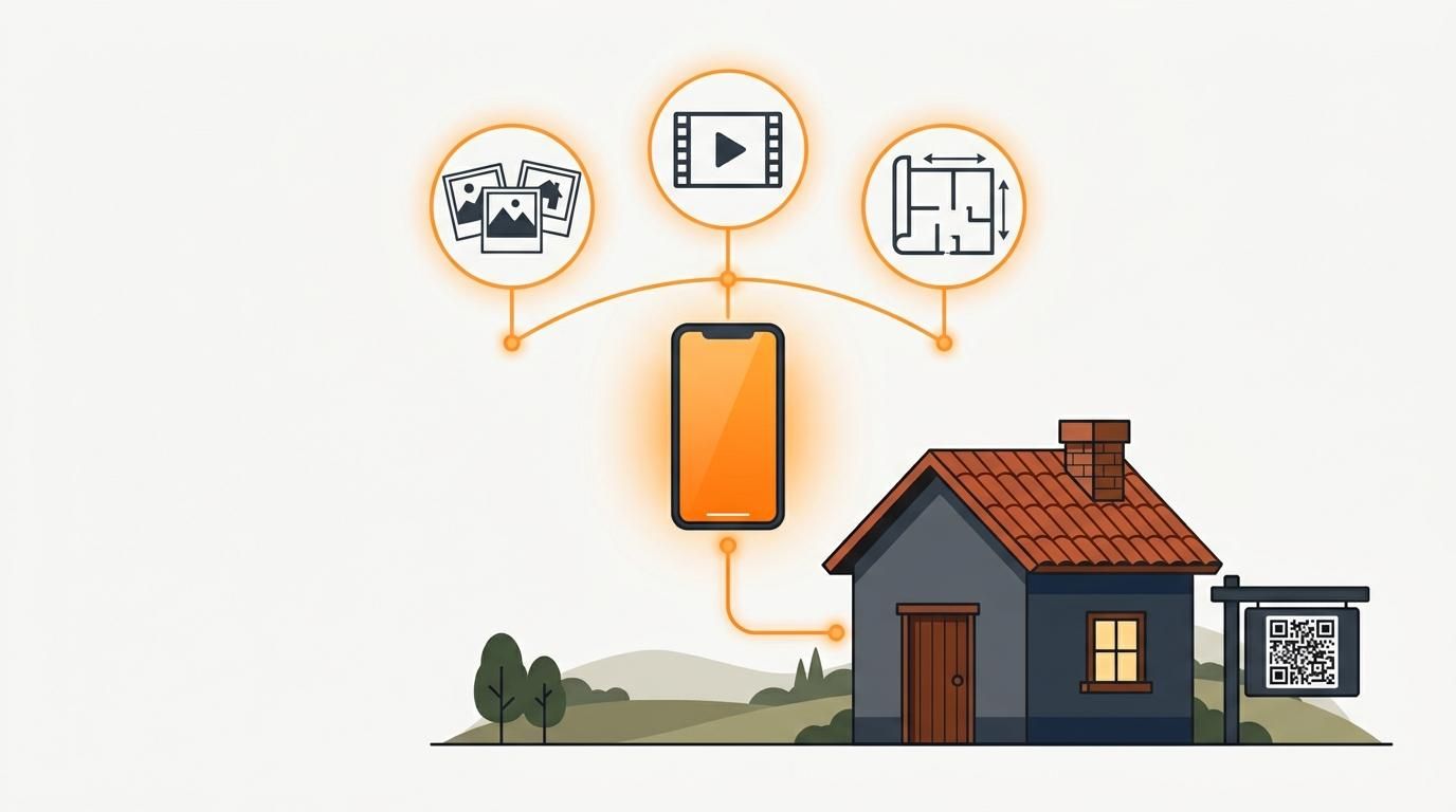 A glowing smartphone link connecting photos, video, and floor plans above a house, illustrating Uruguay real estate marketing.