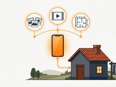 A glowing smartphone link connecting photos, video, and floor plans above a house, illustrating Uruguay real estate marketing.