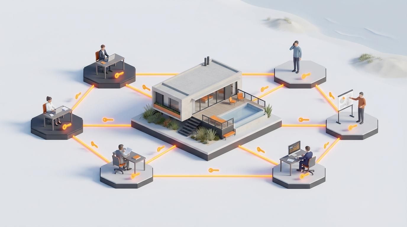 Isometric 3D render showing shared buyer leads and brokers linked around a modern Uruguayan home by glowing orange pathways.