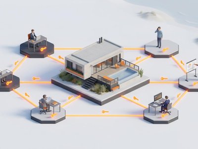 Isometric 3D render showing shared buyer leads and brokers linked around a modern Uruguayan home by glowing orange pathways.