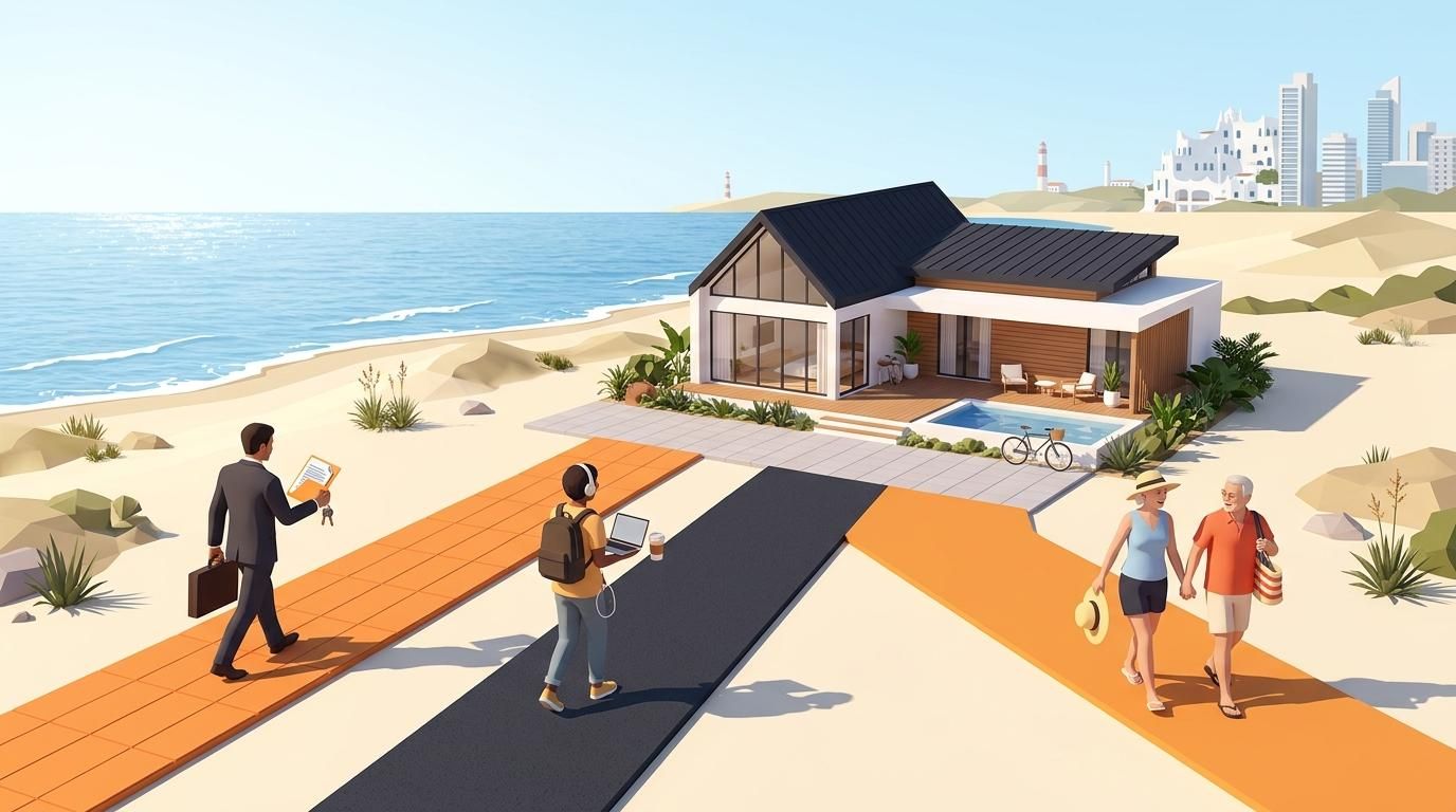 Three foreign buyer profiles converging on paths toward a modern coastal home representing Uruguay real estate buyers.