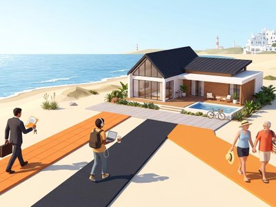 Three foreign buyer profiles converging on paths toward a modern coastal home representing Uruguay real estate buyers.
