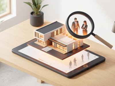 Tour virtual 3D de una casa moderna en una tablet con una lupa que resalta compradores serios para ventas rápidas.