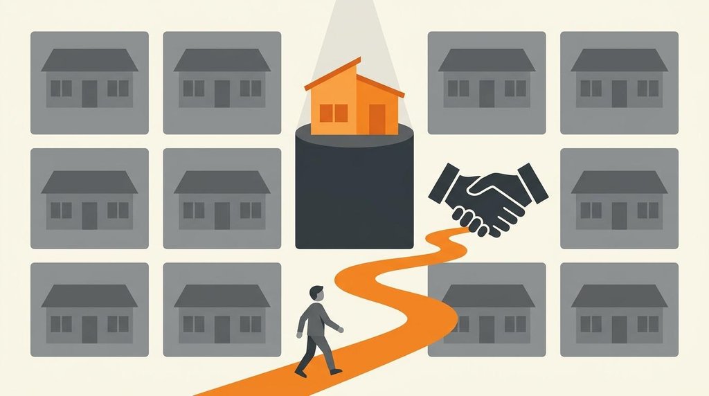 Ilustración del espacio destacado en Uruguay: casa iluminada sobre pedestal y comprador caminando hacia un apretón de manos.
