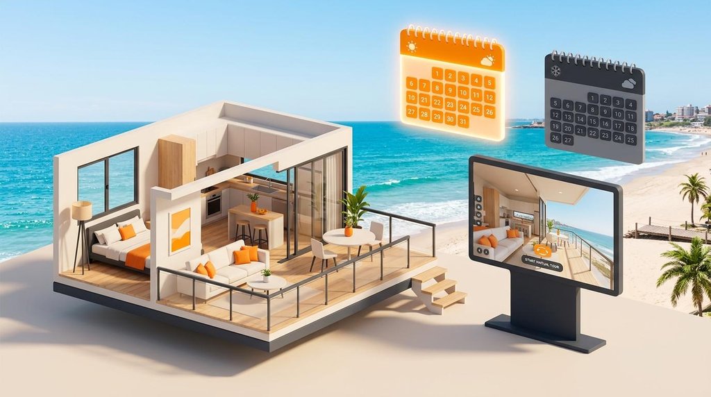 Isometric render of a Uruguayan coastal apartment with a virtual tour screen and two floating calendars for seasonal sales.