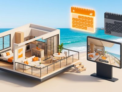 Isometric render of a Uruguayan coastal apartment with a virtual tour screen and two floating calendars for seasonal sales.