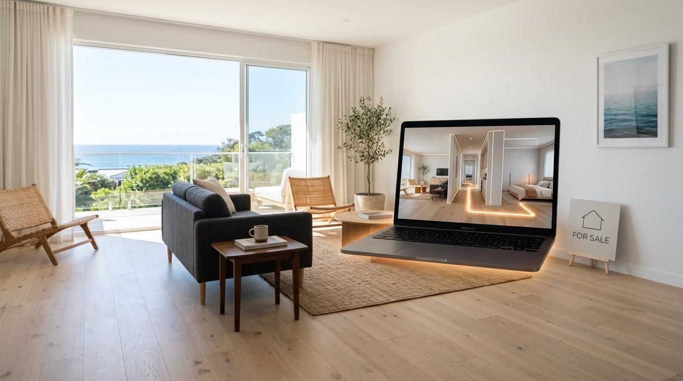 Sunlit coastal living room with a floating laptop showing a virtual tour, highlighting Uruguay sales window for occupied listings.