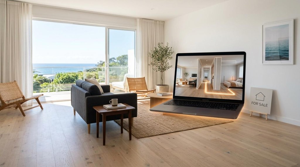 Sunlit coastal living room with a floating laptop showing a virtual tour, highlighting Uruguay sales window for occupied listings.