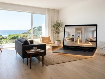 Sunlit coastal living room with a floating laptop showing a virtual tour, highlighting Uruguay sales window for occupied listings.