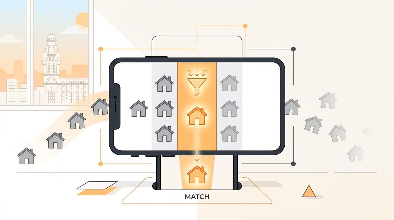 Smartphone screen acting as a digital filter sorting house icons for Uruguay rentals with a glowing orange match.