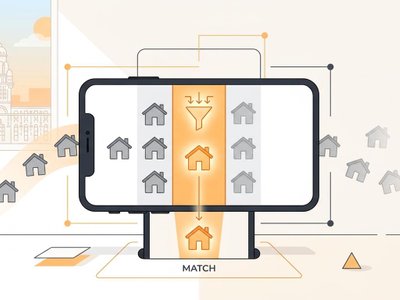Smartphone screen acting as a digital filter sorting house icons for Uruguay rentals with a glowing orange match.