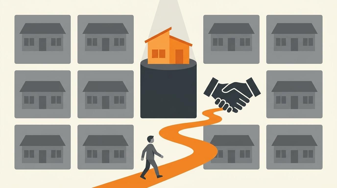 Uruguay featured slot trap illustration with a spotlighted house on a pedestal and a buyer walking toward a handshake.