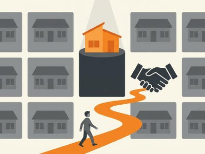 Uruguay featured slot trap illustration with a spotlighted house on a pedestal and a buyer walking toward a handshake.