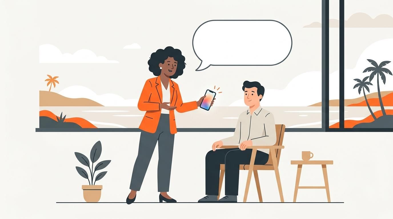 Uruguay real estate agent showing a smartphone to a seated seller under an empty speech bubble representing agent silence.