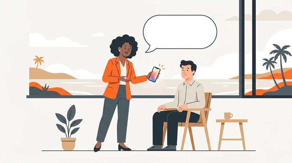 Uruguay real estate agent showing a smartphone to a seated seller under an empty speech bubble representing agent silence.