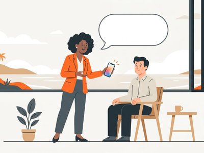 Uruguay real estate agent showing a smartphone to a seated seller under an empty speech bubble representing agent silence.